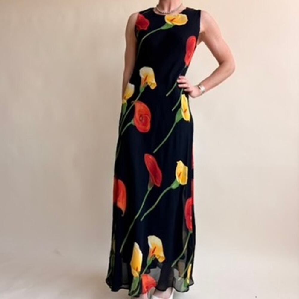 Tessuto Black Calla Lily Maxi Dress - Yellow & Red Flowers- 90s Vintage, Size XS